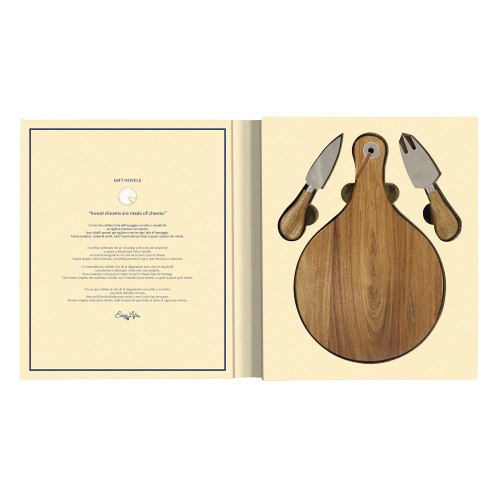 Set 3 pezzi formaggio - 2 coltelli + tagliere tondo in acacia - Gift Novels