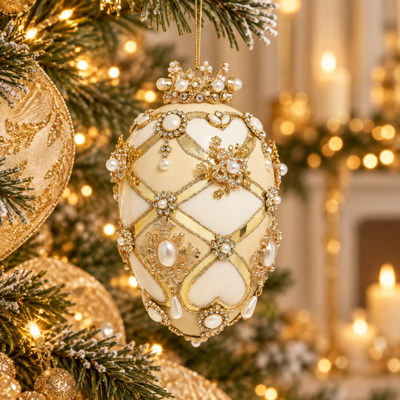 Uovo gioiello Fabergé bianco e crema 18 cm