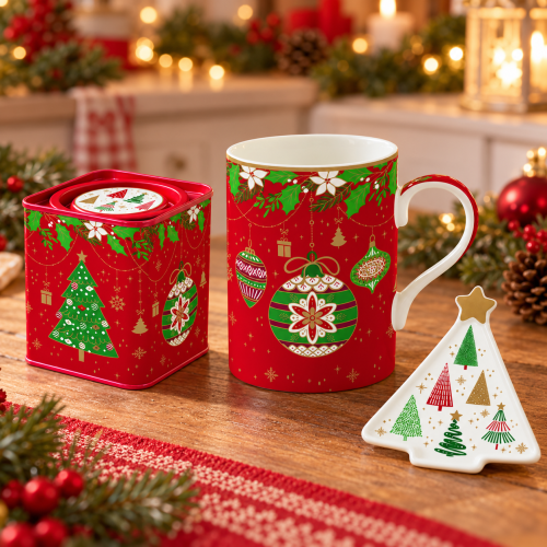 Set mug e poggiabustina da tè in porcellana Jingle Bells