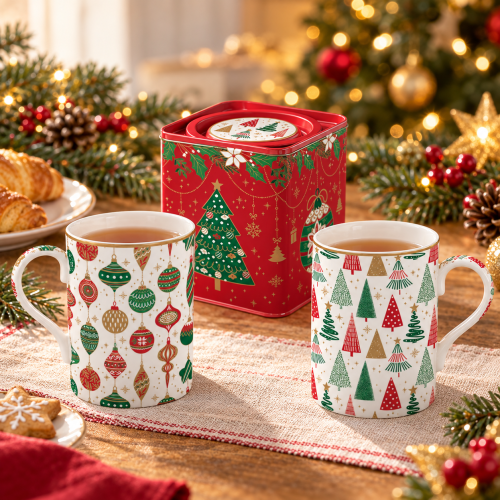 Set tè con 2 mug in porcellana e scatola in latta Jingle Bells