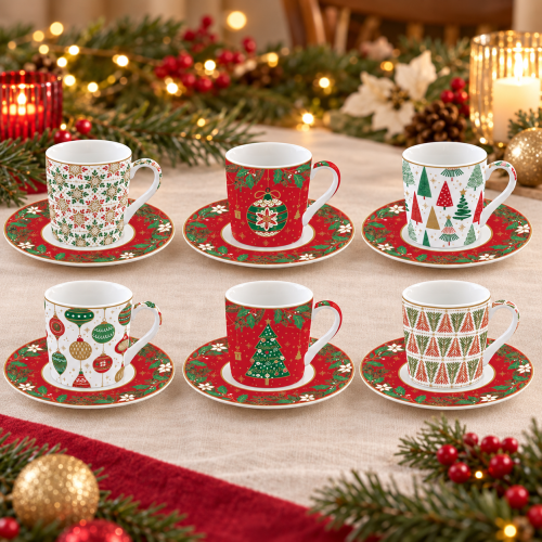 Set 6 tazzine espresso 100 ml con piattini Jingle Bells