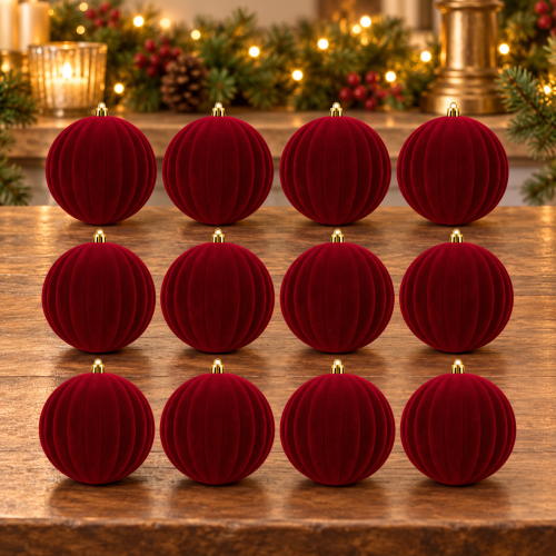 Set 12 Palline Natalizie Watermelon in Velluto Bordeaux Ø 8 cm