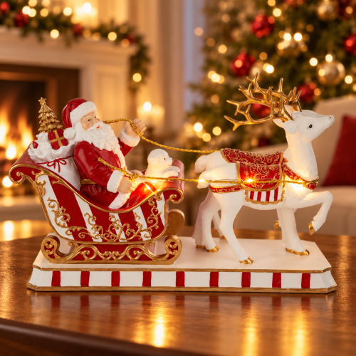 Babbo Natale su Slitta con Renna, LED e Musica 33 cm