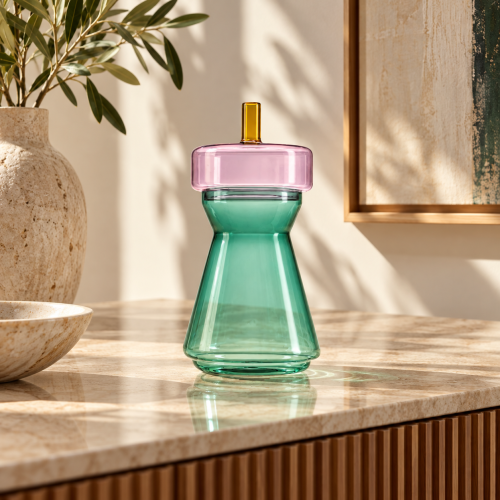 GLI SCACCHI CONTENITORE VETRO BOROSILICATO VERDE PAVONE+ COPERCHIO ROSA POMELLO AMBRA