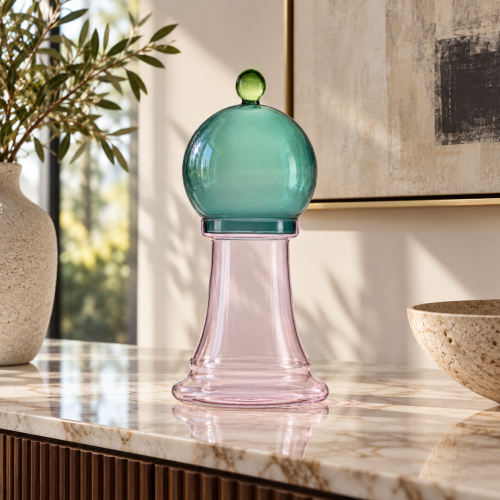 GLI SCACCHI CONTENITORE VETRO BOROSILICATO ROSA+COPERCHIO VERDE PAVONE/VERDE FELCE H.33.5 CM