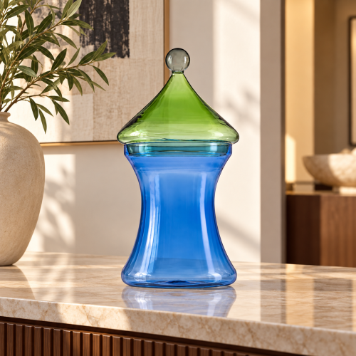 GLI SCACCHI CONTENITORE VETRO BOROSILICATO BLU+COPERCHIO VERDE FELCE/GRIGIO H. 36 CM