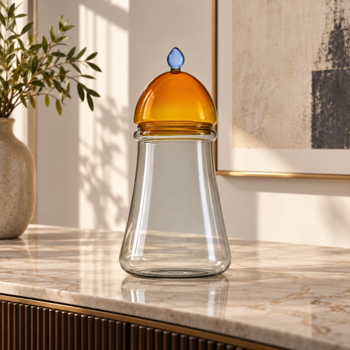 GLI SCACCHI CONTENITORE VETRO BOROSILICATO GRIGIO+COPERCHIO AMBRA E POMELLO BLU H.38 CM