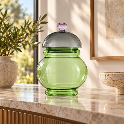 GLI SCACCHI CONTENITORE VETRO BOROSILICATO VERDE FELCE COPERCHIO GRIGIO POMELLO ROSA H. 25 CM