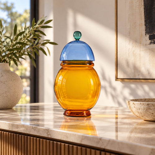 GLI SCACCHI CONTENITORE VETRO BOROSILICATO AMBRA+ COPERCHIO BLU POMELLO VERDE PAVONE H.33.5
