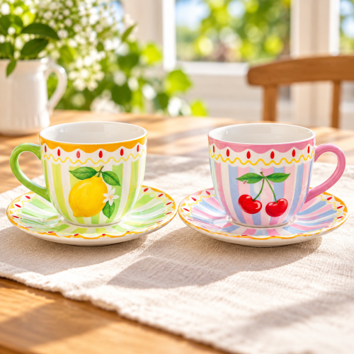 Set 2 tazze 240 ml c/piattino in porc.in gift box FRUIT MANIA