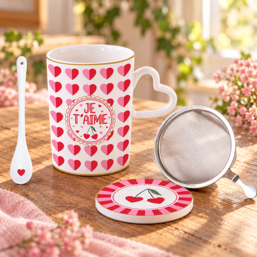 Infusiera 350ml con Tappo in ceramica e cucchiaino in Heart Box
