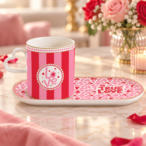 Mug 320ml con Piattino 23x12cm con manico a cuore in Color Box