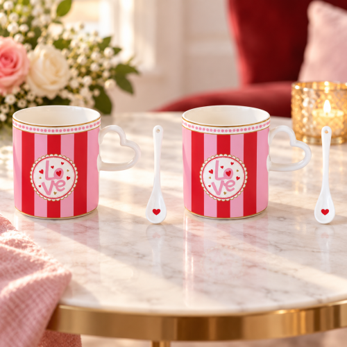 Set 2 Mug in Porcellana con Manico a Cuore e Cucchiaino in Heart Box