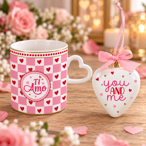 Set Mug In porcellana Con Manico a Cuore in Heart Box