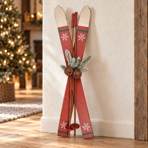 Sci decorativi rossi in legno 75 cm – ambientazione natalizia