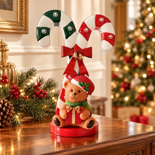 Candy cane con orsetto in metallo 37 cm – ambientazione natalizia