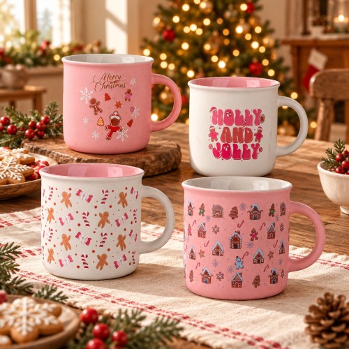 Set 4 tazze natalizie rosa e bianche 7 cm – 380 ml – ambientazione natalizia