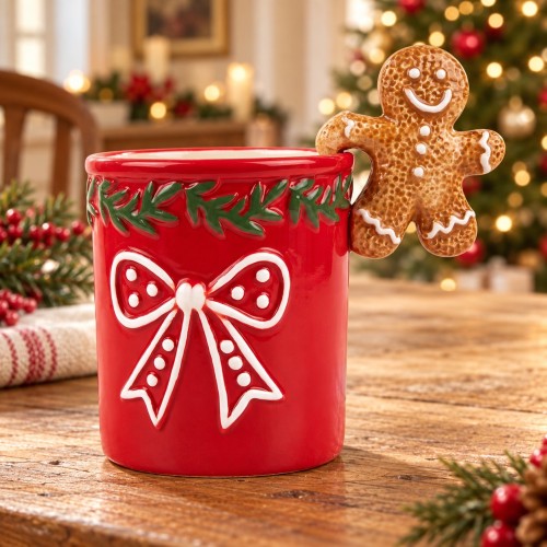 Tazza rossa con gingerbread 13 cm – 350 ml – ambientazione natalizia