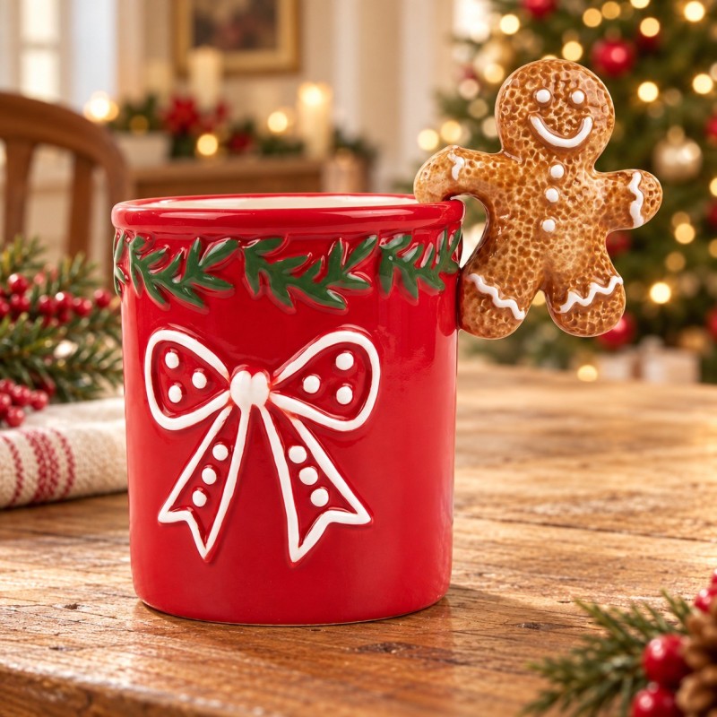 Tazza rossa con gingerbread 13 cm – 350 ml – ambientazione natalizia